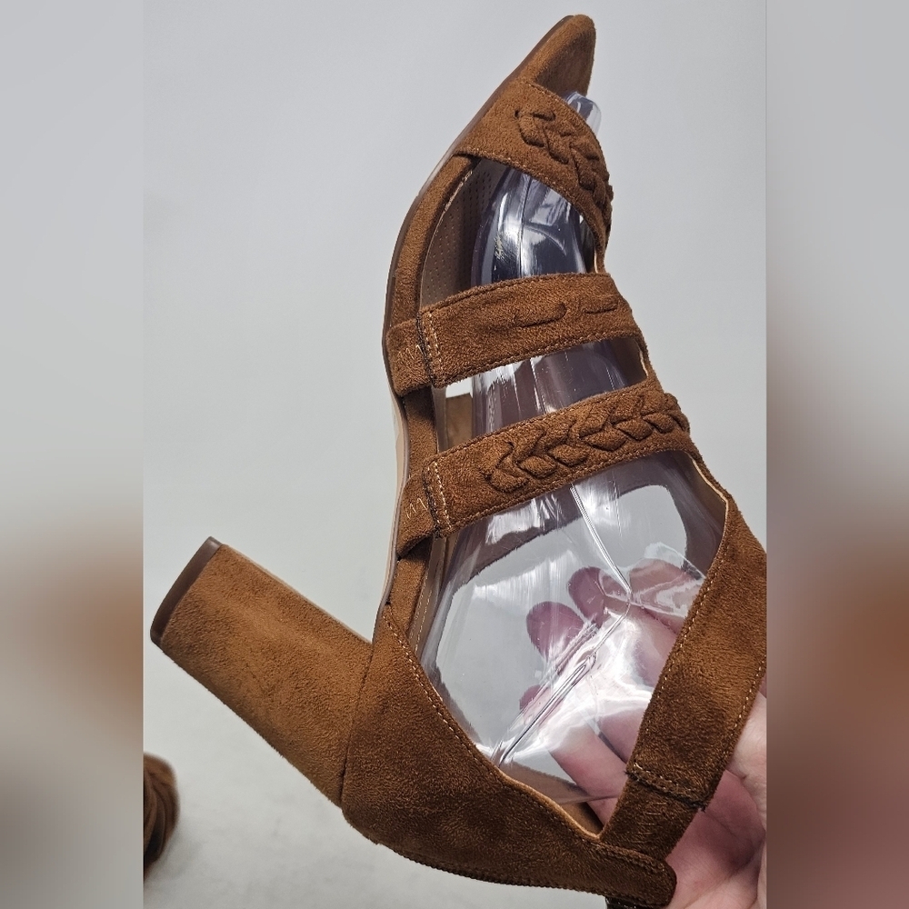 Comfort View WMNS Darlene Brown Faux Suede Chunky Heel Braided Zip Sandal SZ 9WW - Picture 6 of 14